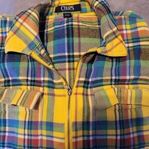 CHAPS DENIM LADIES LS ZIP JACKET SIZE MEDIUM YELLOW PLAID FLANNEL VNTG EUC CUTE